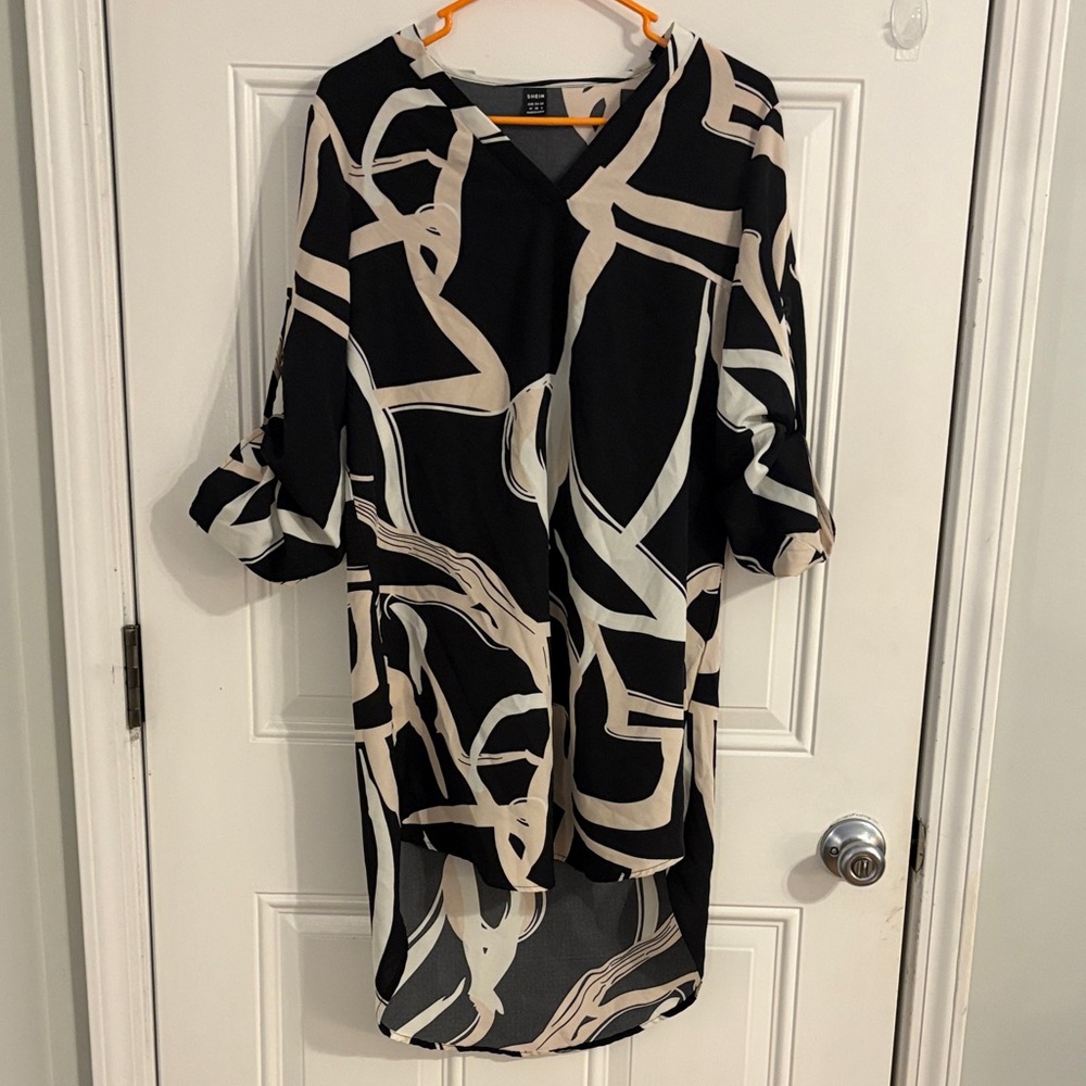 Black and Cream Abstract High Low Dress